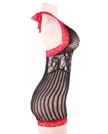 QUEEN LINGERIE - BLACK AND RED CROTCHET CHEMISE S/L