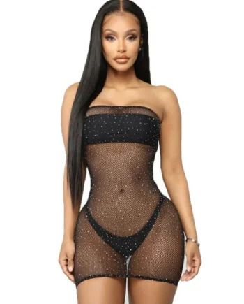 QUEEN LINGERIE - NET BODY DRESS WITH DIAMONDS S/L