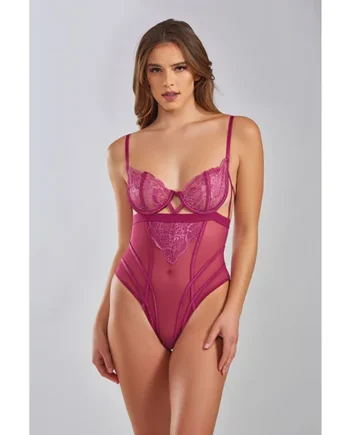 Quinn Cross Dyed Galloon Lace & Mesh Teddy Wine Sm