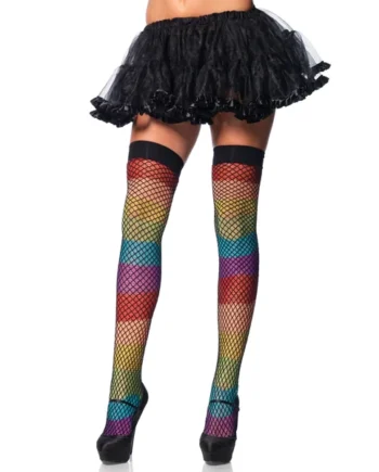Rainbow Thigh Highs With Fishnet Overlay - One Size