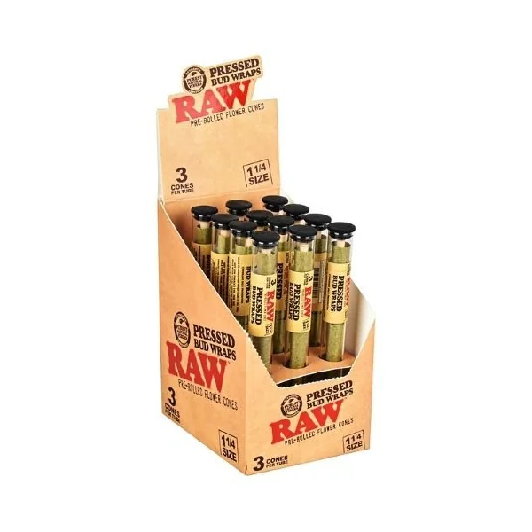 Raw Pressed Bud Wraps Cones 12pk 3 Cones Per Tube 1 1/4