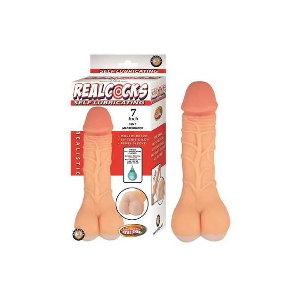 RealCocks Self Lubricating 7″ 3 in 1 Masturbator – White