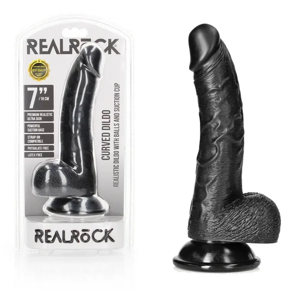 REALROCK Realistic Regular Curved Dong with Balls – 18 cm-(rea122blk)