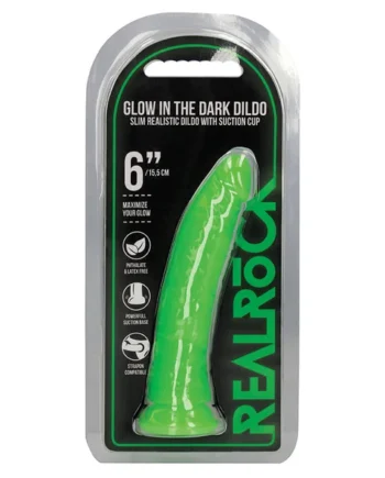 RealRock Slim Glow in the Dark Dildo - Green 6"