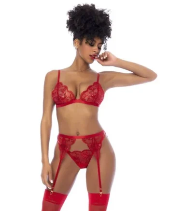 Red 3 Pc Set w/ Bralette Garter Belt and Thong