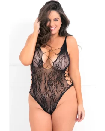 Rene Rofe Laced Up Sexy Bodysuit Black Qn