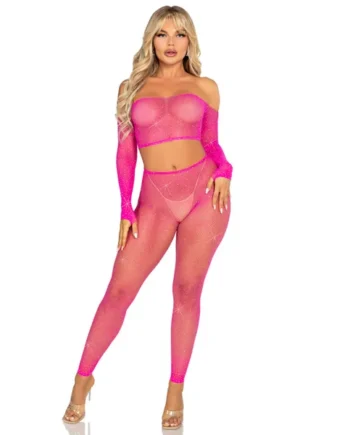 Rhinestone Fishnet Crop Top and Footless Tights O/s - Neon Pink
