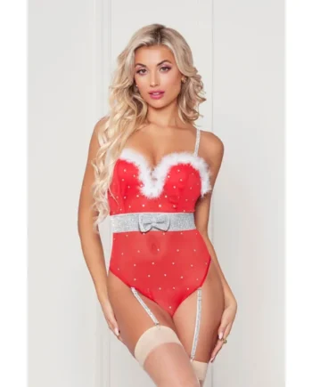 Rhinestone Studded Mesh Teddy With Marabou Trim - Large - Red