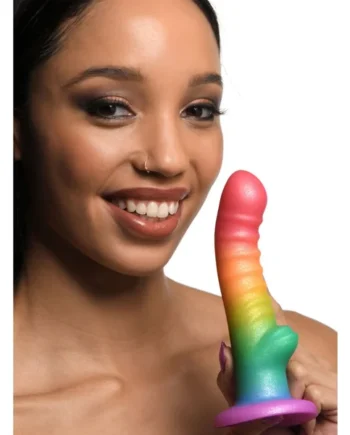 Ribbed Rainbow Silicone Dildo