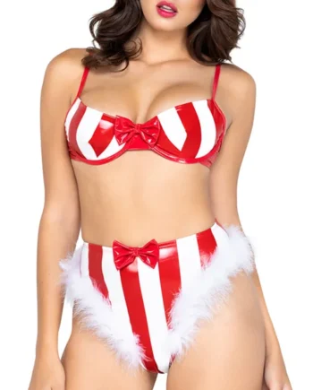 Roma Candy Stripe Vinyl & Marabou Trim Lingerie Set
