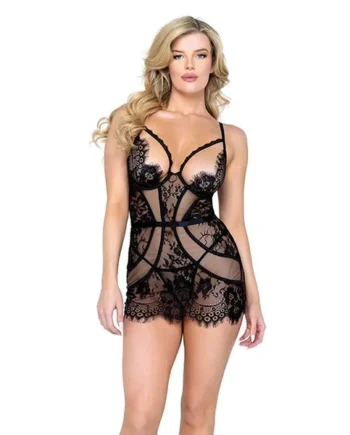 Roma Confidential Femme Fatale Scalloped Eyelash Lace & Mesh Chemise & Thong