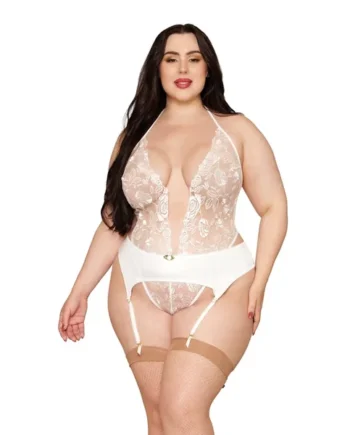 Rose Embroidered Lace Teddy w/Removable Satin Garter 2 pc Set – White 1X