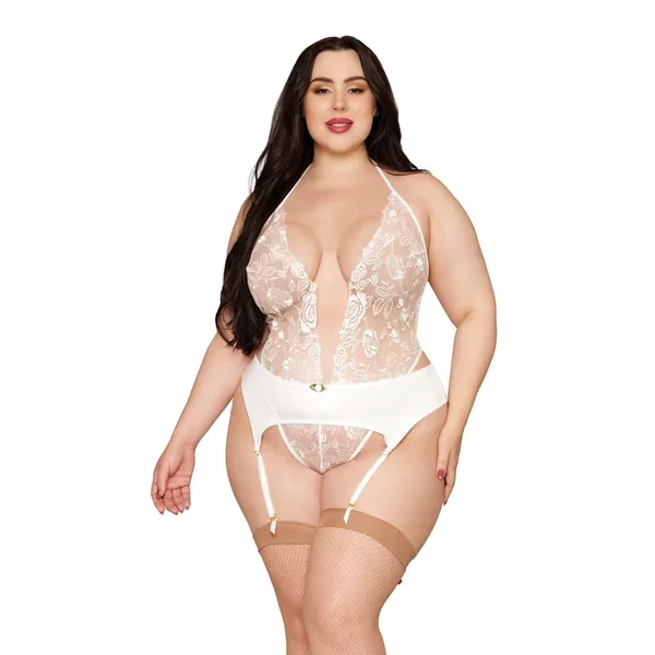 Rose Embroidered Lace Teddy w/Removable Satin Garter 2 pc Set – White 1X