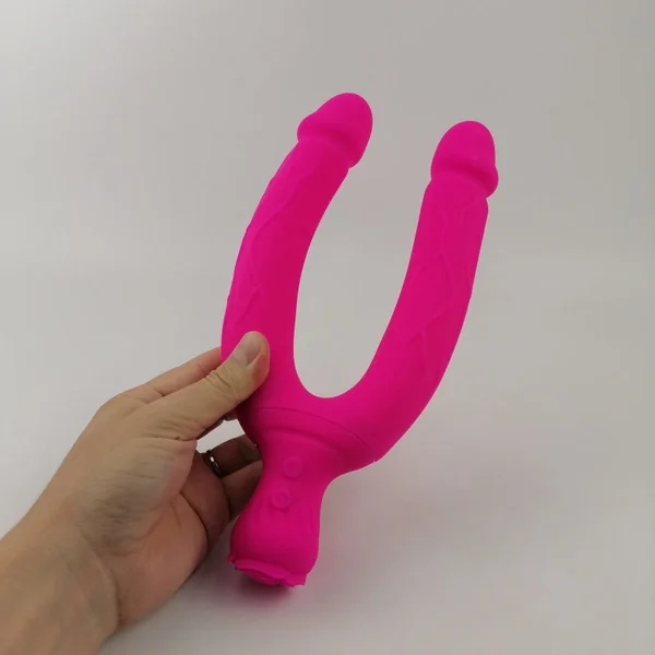 Rose Suction Vibrating Dual-Ended Double Dildo - Lesbian Exclusive Clamp Sex Toys