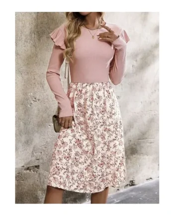 Ruffled Floral Long Sleeve Knee Length Dress