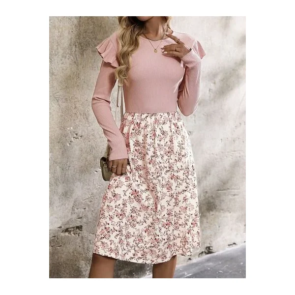 Ruffled Floral Long Sleeve Knee Length Dress