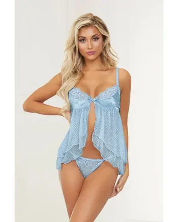 Satin Jacquard Dot Mesh Scallop Lace Babydoll & G-String Blue MD
