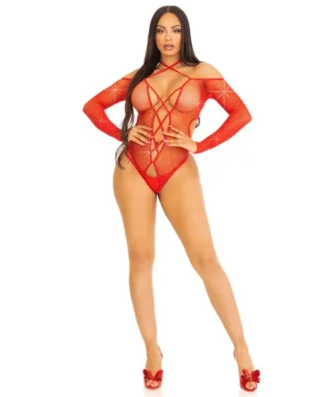 Say My Name Rhinestone Crotchless Teddy - One Size - Red