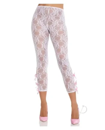Scalloped Trimmed Floral Lace Footless Capri Tights – White OS