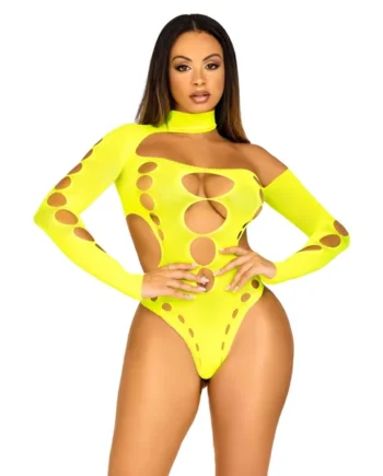 Seamless Asymmetrical Cut Out Thong Back Bodysuit - One Size - Neon Yellow
