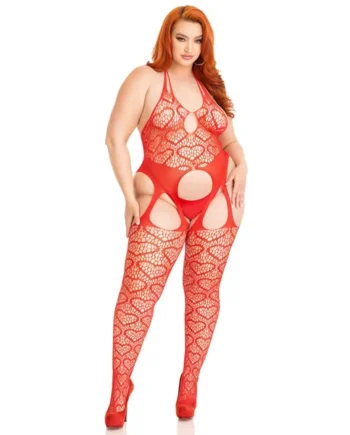 Seamless Heart Net Suspender Bodystocking - 1x/2x - Red