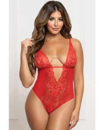 Seven Til Midnight Lace and Mesh Open Crotch Teddy With Rhinestone Detail