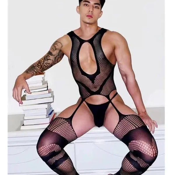 Sexy Men's Pajamas One-Piece – Transparent Crotchless Bodystocking & Erotic Sleeveless Jumpsuit