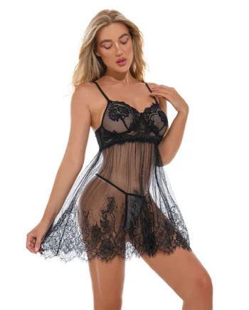 Sexy see-through lace suspender nightgown