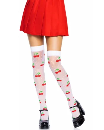 Sheer Polka Dot Cherry Thigh Highs - One Size - White/red