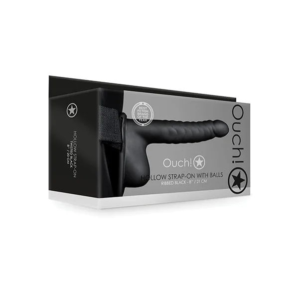 Shots Ouch 8" Ribbed Hollow Strap On W/balls