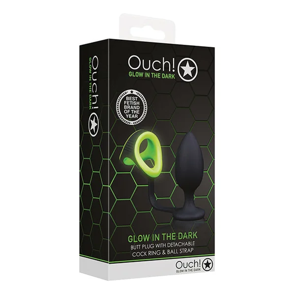 Shots Ouch Butt Plug W-cock Ring & Ball Strap - Glow In The Dark