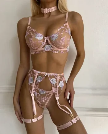 Size XL Pink Elegant Floral Embroidered Sheer 5-Piece Lingerie Set - Bra, Thong, Garter Belt, Choker & Thigh Straps