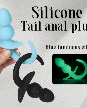 Soft Flexible Silicone Tail Anal Plug With Beads Blue Luminous Effect