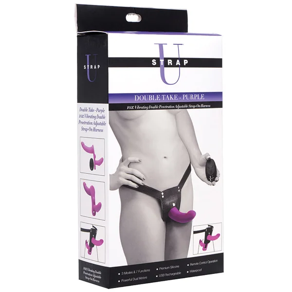 Strap U Double Take 10X Double Penetration Vibrating Strap-On Harness - Purple