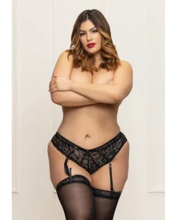 Strappy Lace High Waist Panty w/Garters - Black 1X/2X