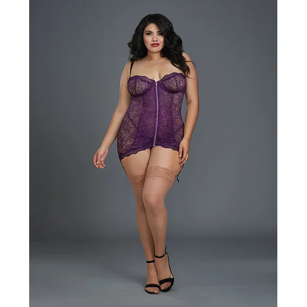 Stretch Lace Garter Slip W/removable Straps & Attached Side Garters & G-string Plum