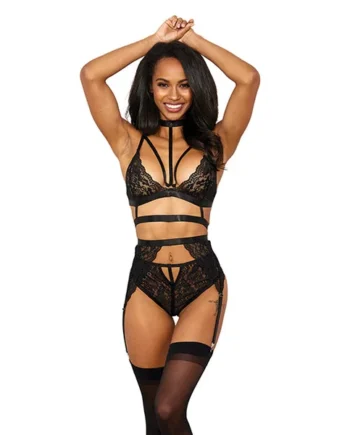 Stretch Lace W/satin Elastic Bra, Garter Belt & G-string Panty Black