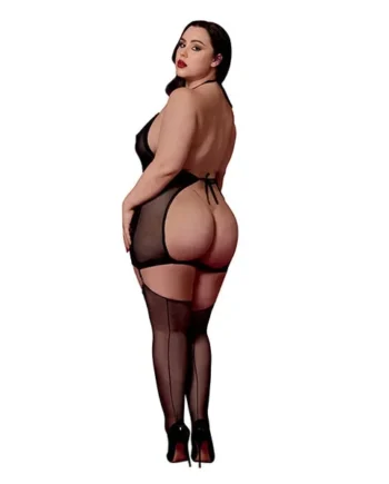 Stretch Mesh and Faux Leather Gartered Chemise w/Removable Flogger – Black QN