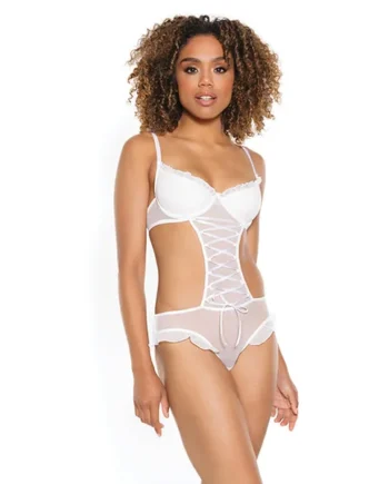 Stretch Mesh Ruffled Crotchless Teddy White Lg
