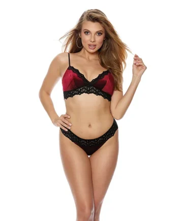 Stretch Velvet & Lace Bra & Panty Burgundy Xxl