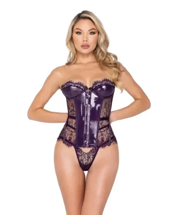 Sugar Plum Scalloped Eyelash Lace & Faux Leather Bustier & Thong