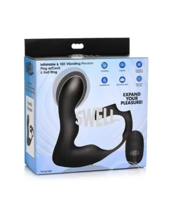 Swell Rechargeable Silicone Inflatable 10X Vibrating Prostate Plug with Cock & Ball Ring and Remote Control – Black