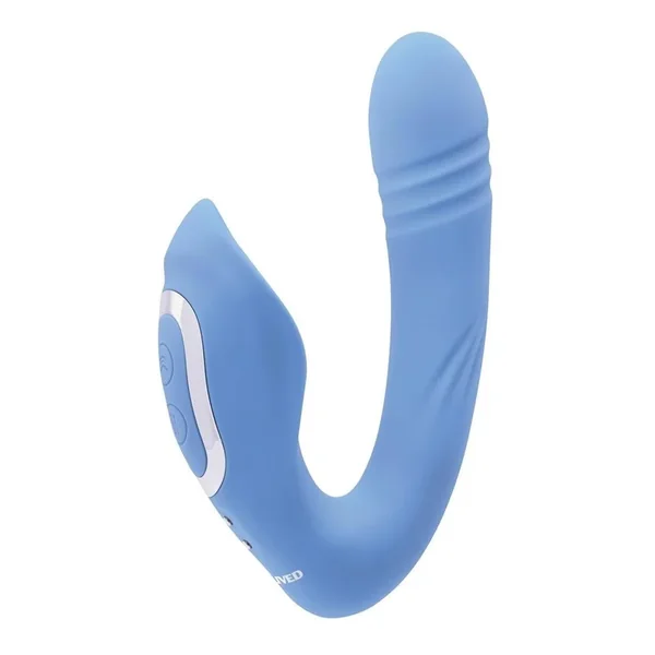 Tap and Thrust Rechargeable Silicone Vibrator with Clitoral Stimulation – Blue