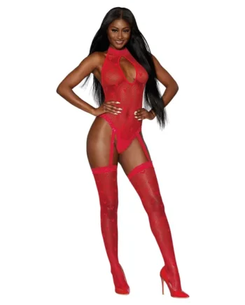 Teddy Bodystocking - One Size - Lipstick Red