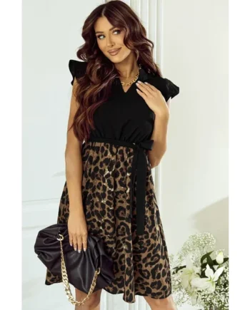 Tied Ruffled Leopard Cap Sleeve Dress