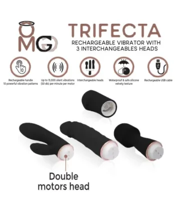 TRIFECTA RECHARGEABLE VIBRATOR W/ 3 INTERCHANGEABLE HEADS BLACK
