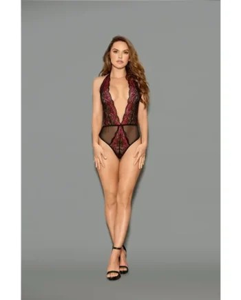 Two Toned Red Floral Halter Teddy