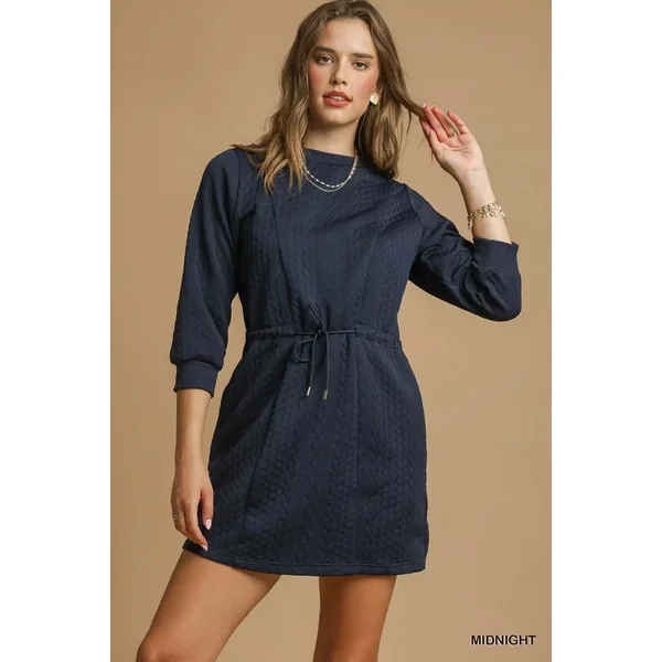 Umgee Drawstring Cable Knit Mini Dress with Pockets