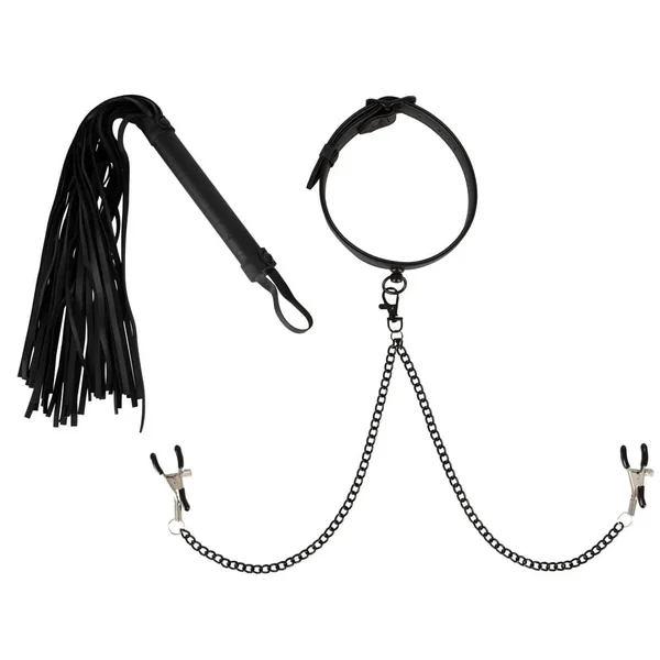 Vegan Fetish – Collar with Nipple Clamps and Flogger