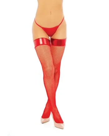 Vinyl Top Red Fishnet Thigh High Stocking One Size